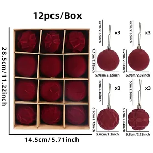 Detail of 12pcs burgundy velvet Christmas balls with 3D textures in gift box