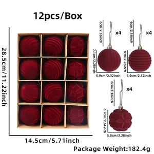 Set of 12 burgundy velvet Christmas balls with striped and geometric textures in gift box