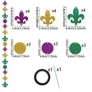 Detail of Mardi Gras glitter fleur-de-lis and circular paper ornaments set for DIY party decor