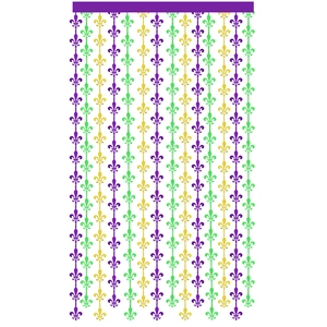Rideau à franges Mardi Gras 1x2m vert or violet avec motifs de fleurs de lys festifs