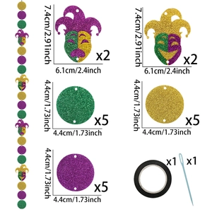 Detail view of Mardi Gras party banner components with masks and glitter paper circles