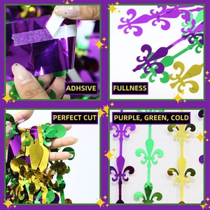 Rideau à franges Mardi Gras 2m violet vert or avec découpes fleur de lys décor