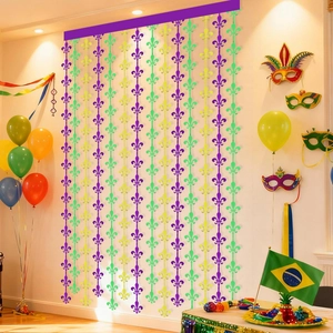 Détail du rideau à franges Mardi Gras 2m avec motifs de fleurs de lys colorées