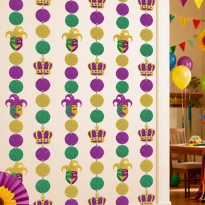 Glittery Mardi Gras garland with purple, green, and gold circles, crowns, and masks