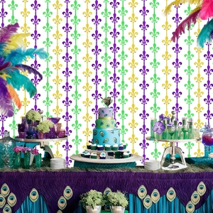 Rideau de fête Mardi Gras avec franges violettes vertes et dorées fleur de lys
