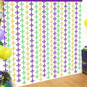 Rideau à Franges Mardi Gras Violet Vert Or Fleur de Lys Fond en Papier Aluminium pour Décorations de Fête Carnaval