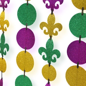 Glittery Mardi Gras garland with purple gold and green fleur-de-lis and circle discs