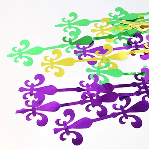 Rideau franges Mardi Gras 2m avec motifs fleur de lys violet or vert pour décor de fête
