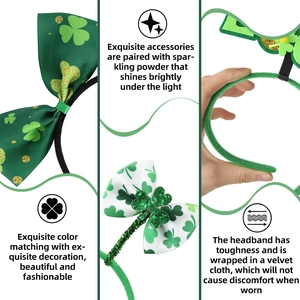 Detail of St. Patrick's Day headbands with glittery shamrocks and green ribbon bows