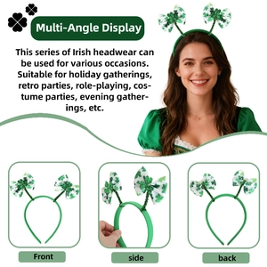 Macro detail of St. Patrick's Day headband with green sequin shamrock bows and spring antennas