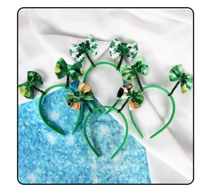 Detailed set of four St. Patrick's Day headbands with shamrock and rainbow bow patterns