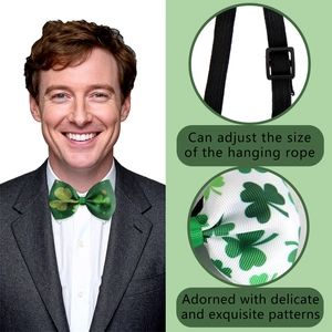 Adjustable St. Patrick's Day bow tie with green clover shamrock patterns for men