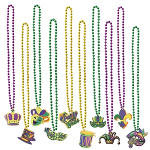 Mardi Gras Bead Necklaces Purple Gold Green Bead Chain With Festive Pendants Jester Mask Crown Lips For Carnival Party Dress Up Accessories