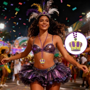 Mardi Gras purple bead necklace with crown pendant shown in festive parade scene