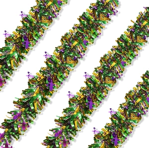 Détail de guirlande Mardi Gras 2m avec franges or vert violet et fleurs de lys