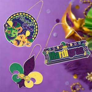 Three-piece Mardi Gras wood hanging ornaments in purple green and gold with fleur-de-lis masks