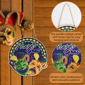 Round wooden Mardi Gras sign with carnival masks for festive front door decor