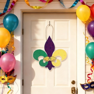 Fleur-de-lis Mardi Gras wooden door sign with carnival mask pattern and twine hanger