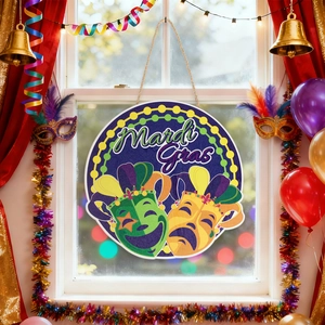 Mardi Gras round wooden door sign with purple gold green mask design for party decor
