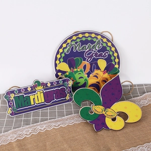 Three-piece Mardi Gras wooden hanging signs with mask and fleur-de-lis festival designs