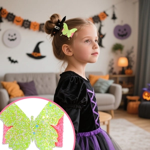 Detail of sequin butterfly hair clip for kids in neon green and pink party accessory