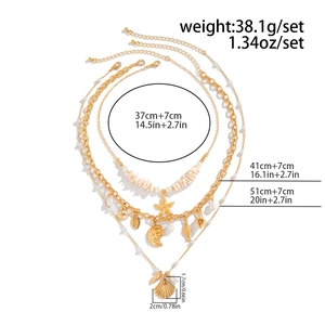 Détails des tailles du collier doré marin à plusieurs couches avec pendentifs étoiles et nacre