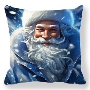 Housse de coussin de Noël bleue avec illustration du Père Noël et de la neige