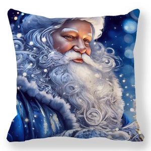 Détail de la housse de coussin de Noël bleue avec illustration du Père Noël en tissu doux