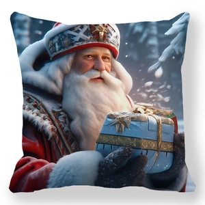 Housse de coussin de Noël bleue avec imprimé Père Noël tenant un cadeau pour la déco
