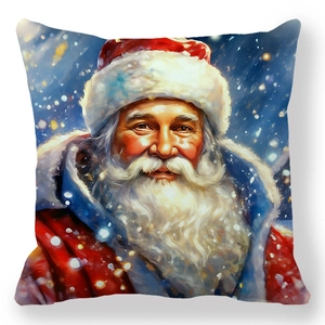 Housse de coussin de Noël bleue avec motif Père Noël et décor de flocons de neige