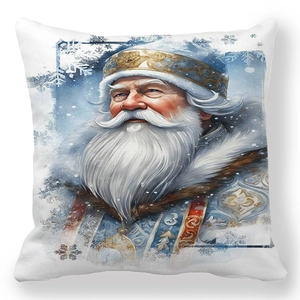Vue détaillée de l'imprimé Père Noël sur une taie d'oreiller décorative avec flocons de neige