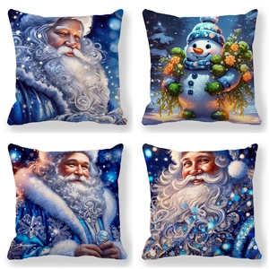 Taie d'Oreiller de Noël Bleue Père Noël Bonhomme de Neige Imprimée Peau de Pêche Polyester Housse de Coussin Décoration Maison