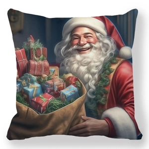 Front view of square Christmas pillowcase with detailed Santa Claus and gift bag print