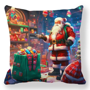 Detailed full-print Christmas pillowcase featuring a cartoon Santa and toy store scene