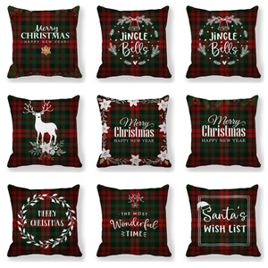 Christmas Throw Pillow Cover Red Green Tartan Plaid Polyester Peach Skin Cushion Case Holiday Home Decor Reindeer Snowflake