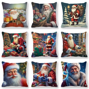 Christmas Santa Claus Print Pillowcase Peach Skin Polyester Decorative Cushion Cover For Home Sofa Holiday Ornaments