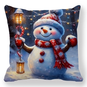 Christmas snowman pillow cover in peach skin fabric for holiday sofa decor