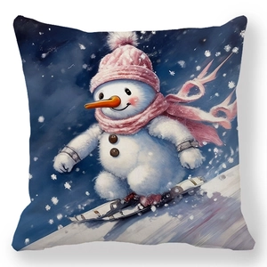 Detailed view of Christmas snowman print on soft peach skin fabric square pillow cover