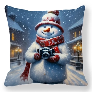 Detail of Christmas peach skin pillow cover featuring a snowman photographer illustration