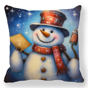 Detail view of peach skin fabric cushion cover with vintage Christmas snowman illustration