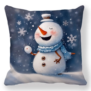 Detail of soft peach skin pillowcase with cheerful Christmas snowman and snowflakes