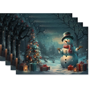 Lot de 4 sets de table de Noël avec bonhommes de neige et sapins sur texture toile