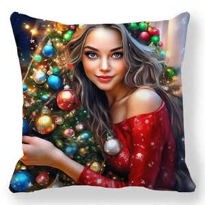 Housse de coussin Noël avec peinture de jeune femme et sapin décoré de fêtes