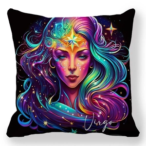 Housse de coussin carrée signe Vierge avec art numérique vibrant sur fond noir élégant