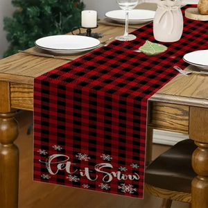 Red and black buffalo check Christmas table runner with Let it Snow snowflake print