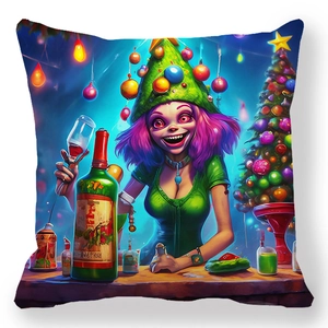 Détail de la housse de coussin de Noël montrant une fille avec un chapeau de sapin au bar