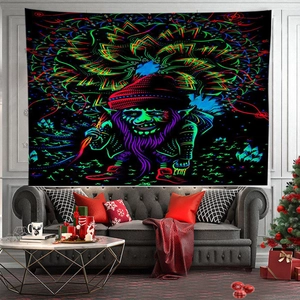Neon punk gnome tapestry for Halloween garage door banner party decoration in home setting