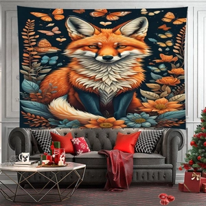 Halloween fox and floral tapestry banner hanging as festive decoration in a living room