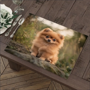 Close-up of heat-resistant cotton linen placemat with realistic Pomeranian dog print