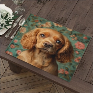 Detailed view of linen placemat with realistic puppy print and floral background